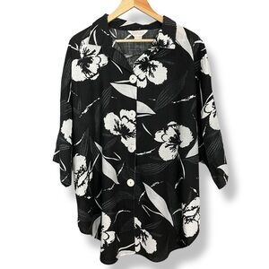 Vintage Hawaiian Shirt Plus Size Black White Floral Women Short Sleeves Tropical